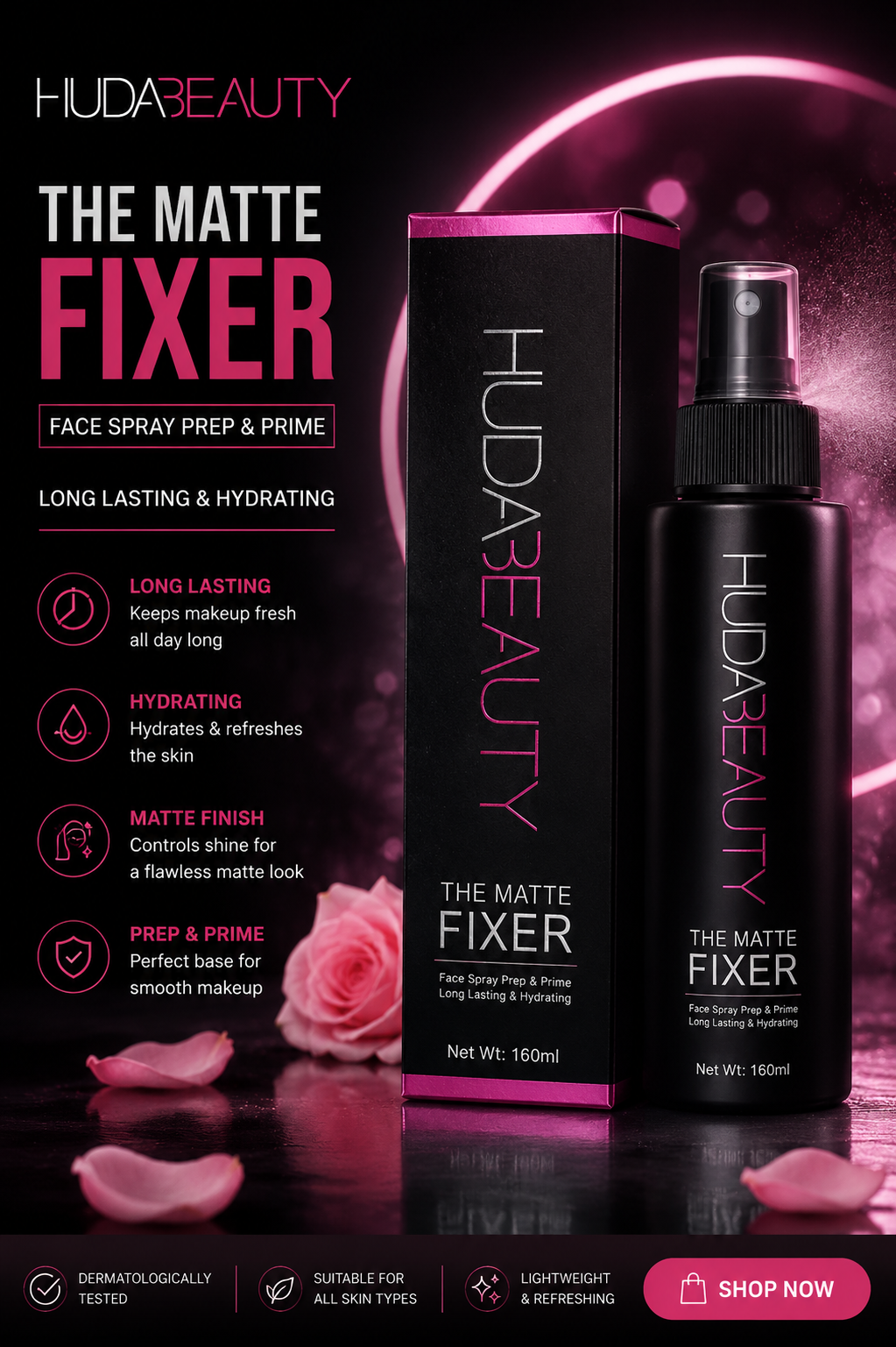 HUDA BEAUTY The Matte Fixer Face Spray | Prep & Prime | Long-Lasting Matte Setting Spray (160ml)