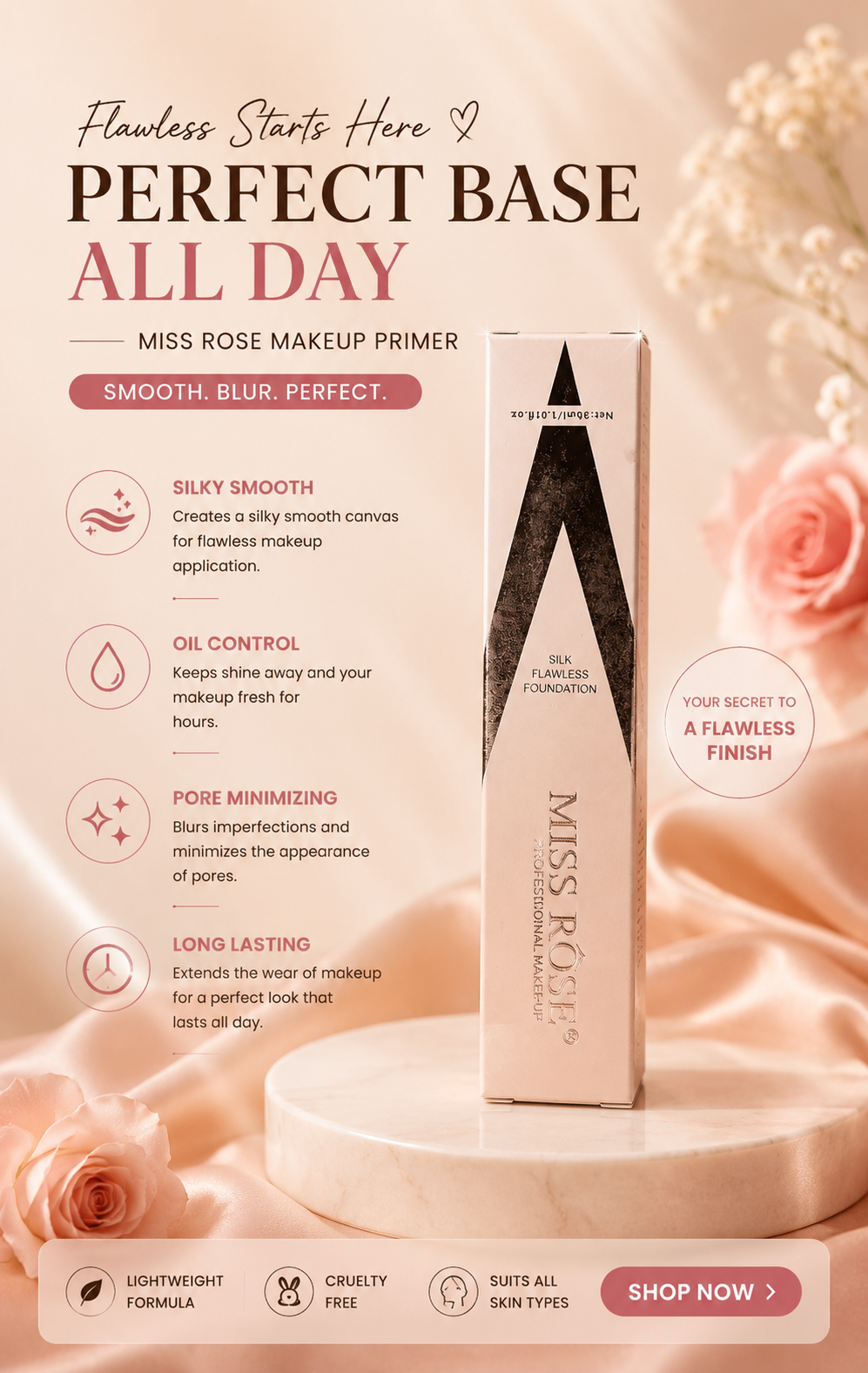 MISS ROSE Silk Flawless Foundation Primer | Smooth, Blur & Long-Lasting Makeup Base
